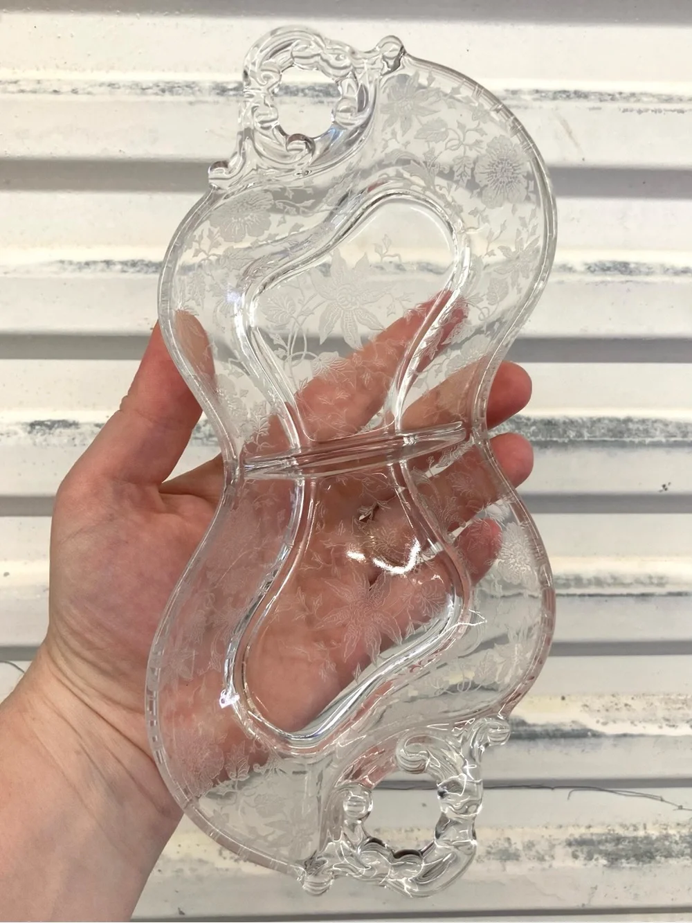 Clear Glass Wildflower Etched Glass Relish Dish Cottage Core 2 Section